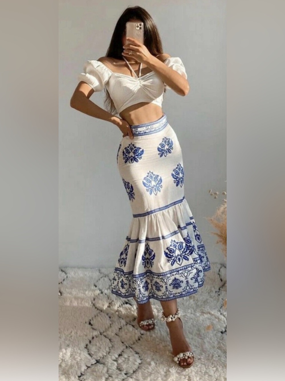New Zara Blue and White Linen Embroidered Midi Mermaid Skirt